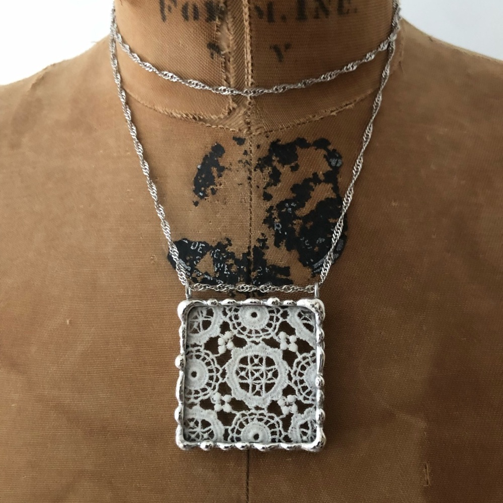 Vintage White Lace Soldered Necklace Pendant